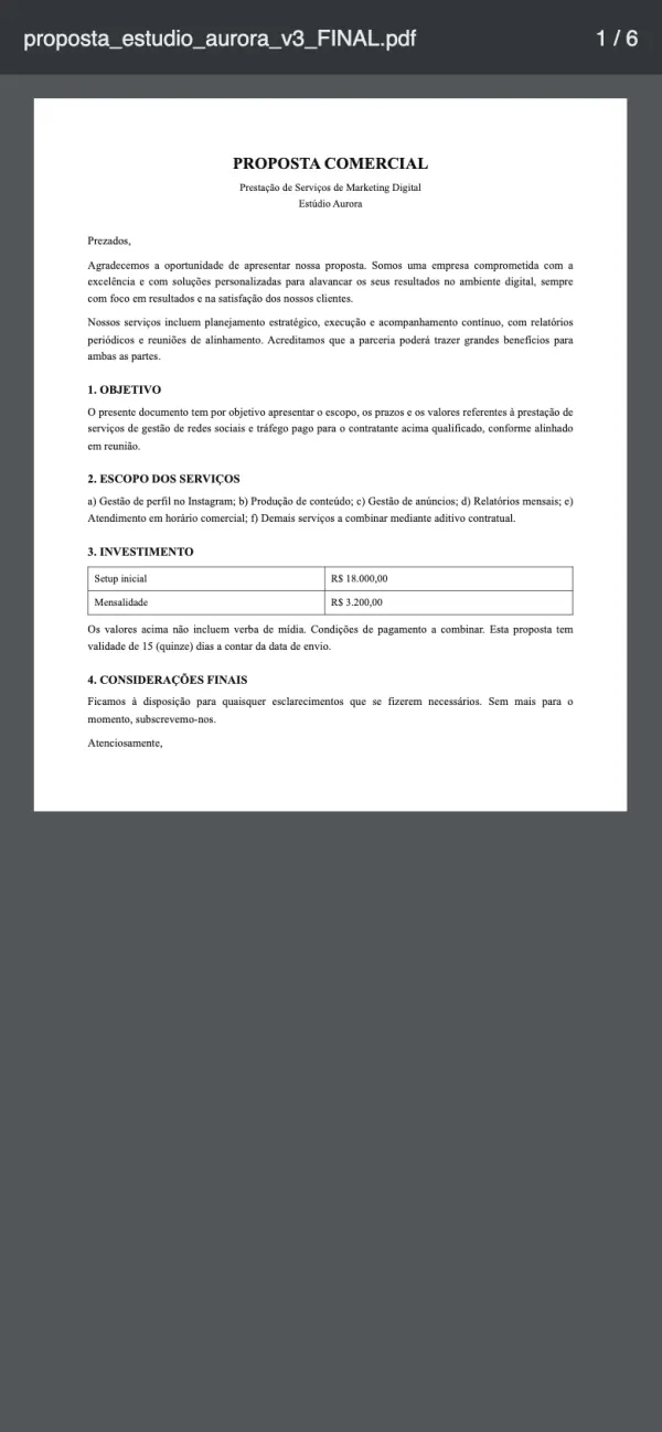 Antes: proposta em PDF aberta no celular, com texto pequeno e corrido